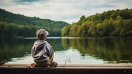 Child with a fishing rod, patiently waiting at the dock, the serene lake stretching beyondの素材