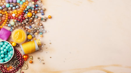 A DIY kit spread out: colorful beads, strings, tools, set on a craft paper background with sketchesの素材
