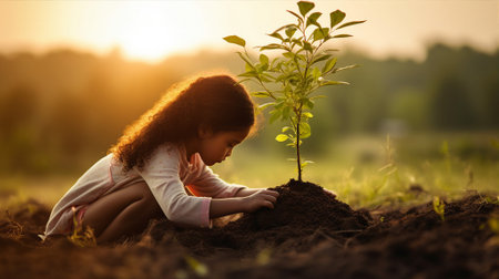 Girl planting a tree, her hands deep in the soil, a gesture of love for natureの素材