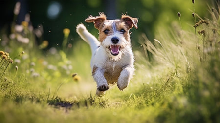 Happy cute Jack Russell dog running on green grass, outdoors in summerの素材