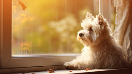 Sad dog looking out the window, alone at homeの素材