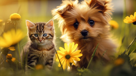 Dog and cat together, cute pets in summer or spring gardenの素材