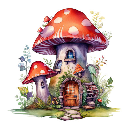 Watercolor whimsical mushroom house, fantasy fairytale illustrationの素材
