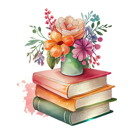 Watercolor stack of books with a flower vase illustrationの素材