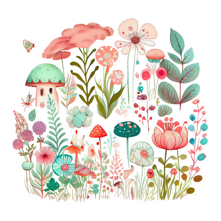 Watercolor whimsical drawing of a flower garden with cute details, isolatedの素材