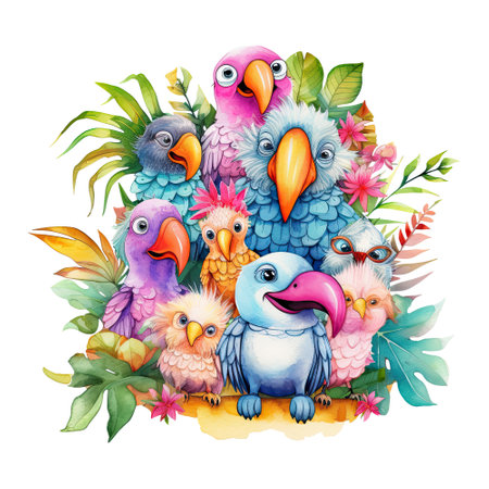 Watercolor exotic tropical birds family, summer, tourism, leaf illustrationの素材