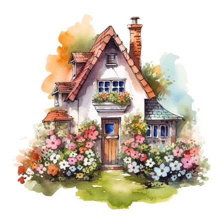 Watercolor cozy cottage surrounded by flowers garden, isolatedの素材