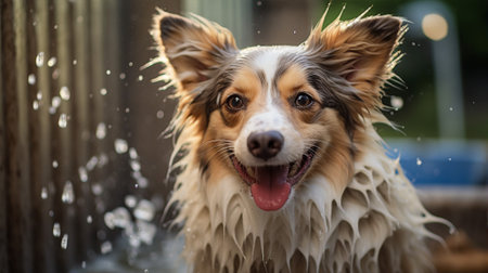 Joyful Corgi dog enjoying a bubble bath, with its tongue out and a playful expressionの素材