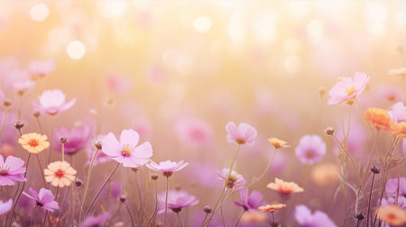 Dreamy field of cosmos flowers illuminated by soft sunlight, creating a serene and magical atmosphereの素材