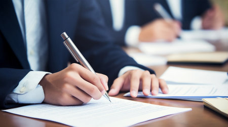 Close-up of a person's hand holding a pen, signing a document in a professional settingの素材
