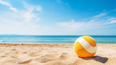 A vibrant multicolored soccer ball on a sunlit beach with the calm ocean waves in the backgroundの素材