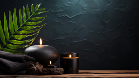 Tranquil spa scene featuring lit candles, polished stones, and tropical leaves against a dark backdropの素材