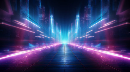 Neon-lit urban corridor leading to a bright horizon, concept of future city and cyberpunk themeの素材