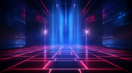 Neon-lit urban corridor leading to a bright horizon, concept of future city and cyberpunk themeの素材
