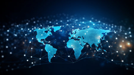 Glowing digital map of the world with interconnected nodes representing global networksの素材