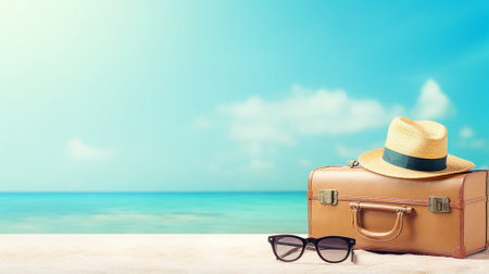 Straw hat and sunglasses, holding a suitcase, ready for her beach adventureの素材