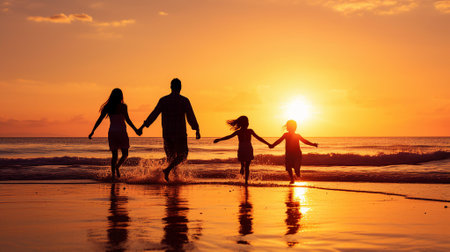 Silhouettes of a family joyfully running on the beach during sunset, capturing the beauty of togetherness and natureの素材