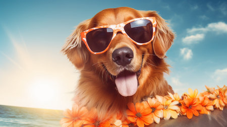 A cheerful dachshund dog wearing vibrant sunglasses and a tropical lei, ready for a sunny beach dayの素材