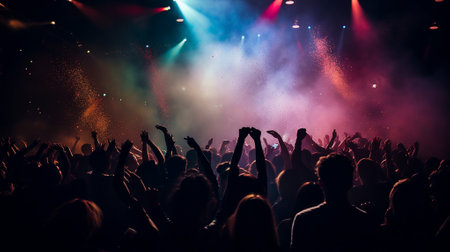 Energetic crowd dancing under vibrant lights with confetti falling, representation of music festival or partyの素材