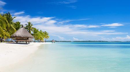 Pristine sandy beach with swaying palm trees overlooking clear blue waters under a cloud-filled sky, capturing the essence of tropical paradiseの素材