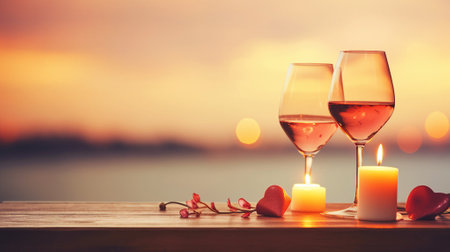Two wine glasses, positioned against a serene sunset over the ocean, accompanied by candlesの素材
