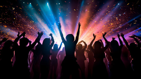 Energetic crowd dancing under vibrant lights with confetti falling, representation of music festival or partyの素材