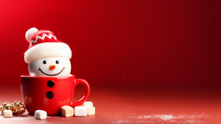 Adorable snowman in red mug filled with marshmallows, set against a red backgroundの素材