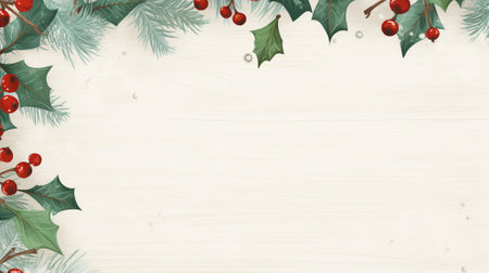 Snow-covered red berries and pine branches create a festive border on a rustic wooden backdropの素材