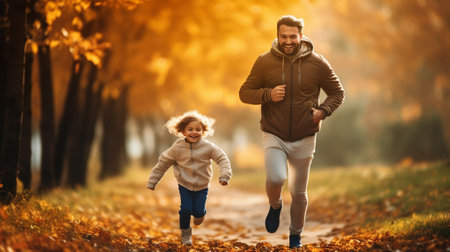 A heartwarming scene of a father and young child walking in autumn parkの素材