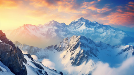 Majestic mountain peak illuminated by golden sunlight against a vibrant evening skyの素材