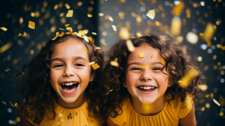 Two jubilant kids with wide smiles surrounded by flying colorful confettiの素材