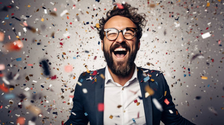 Joyful man in formal attire amidst a celebratory confetti shower, exuding happiness and confidenceの素材