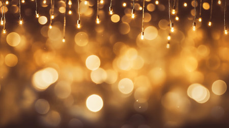 Warm golden lights hanging against a blurred bokeh background, creating a festive ambianceの素材