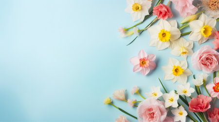 An exquisite arrangement of fresh spring flowers, with vibrant daffodils, roses, and tulips, harmoniously placed against a soft blue backgroundの素材