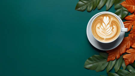 A steaming latte with intricate foam art rests on a teal backdrop, surrounded by vibrant monstera and other tropical leavesの素材