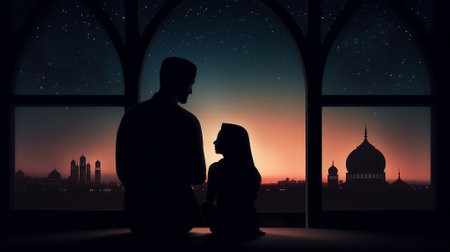 Family prayer, window view, Eid, Mubarak, Ramadan holidayの素材