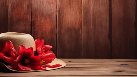 Australian hat and red poppy, Anzac day, background with copy spaceの素材