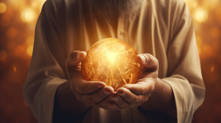 Hands of God, Jesus healing and praying, light in open palmsの素材