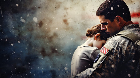 Veteran day, american soldier, dad and child, usa flag in backgroundの素材