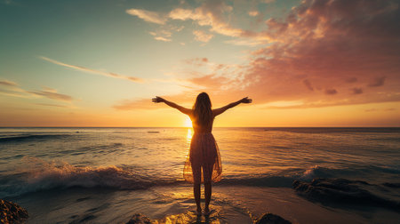 Happy woman, dreamer, sunset sky and seaの素材
