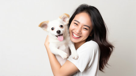 Dog and woman together, pet and owner love, isolated white backgroundの素材
