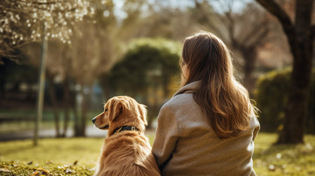 Dog and woman, spring or autumn day in parkの素材