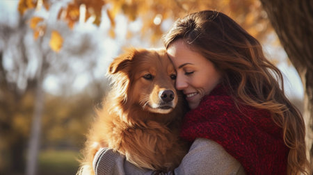 Dog and woman, spring or autumn day in parkの素材