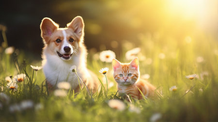 Dog and cat together, pets, spring or summer natureの素材