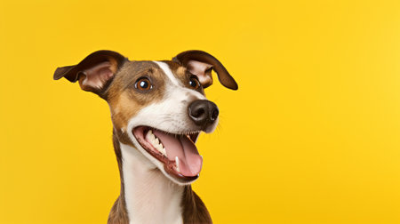Happy dog, isolated yellow background with copy spaceの素材