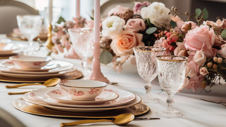 Banner presents a lavish dining table setup, with porcelain plates, crystal glasses, candles, and a floral centerpieceの素材
