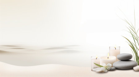 Banner displays a zen garden scene: sand, stones in harmonious patterns, a rake, and candles on the sideの素材
