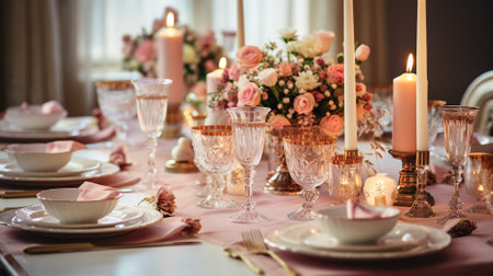 Banner presents a lavish dining table setup, with porcelain plates, crystal glasses, candles, and a floral centerpieceの素材