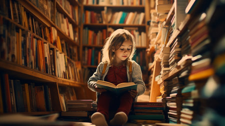 Child in a library, surrounded by books, a universe of stories waiting to be exploredの素材