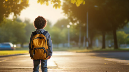 Child with a backpack, eagerly awaiting the school bus, a mix of nerves and excitementの素材